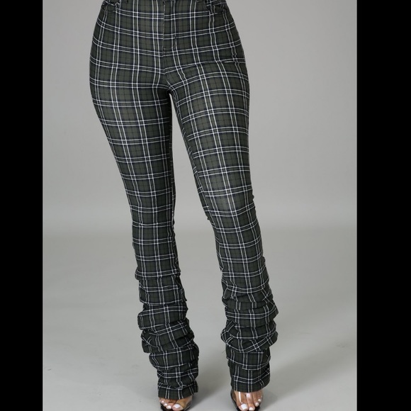 Plaid Stacked Pants - Olive - Picture 2 of 7